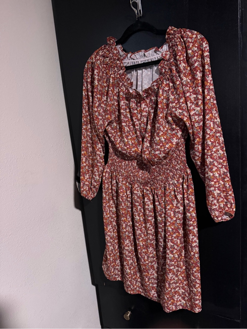Smocked Waist Long Sleeve Floral Dress - Rust Floral